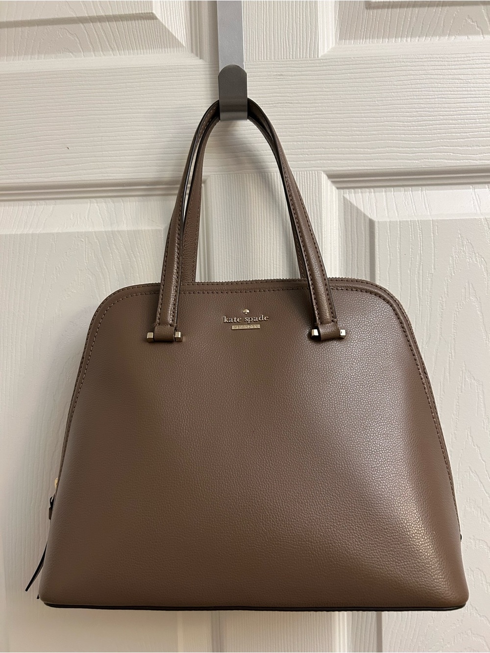 kate spade taupe brown leather satchel with gold hardware